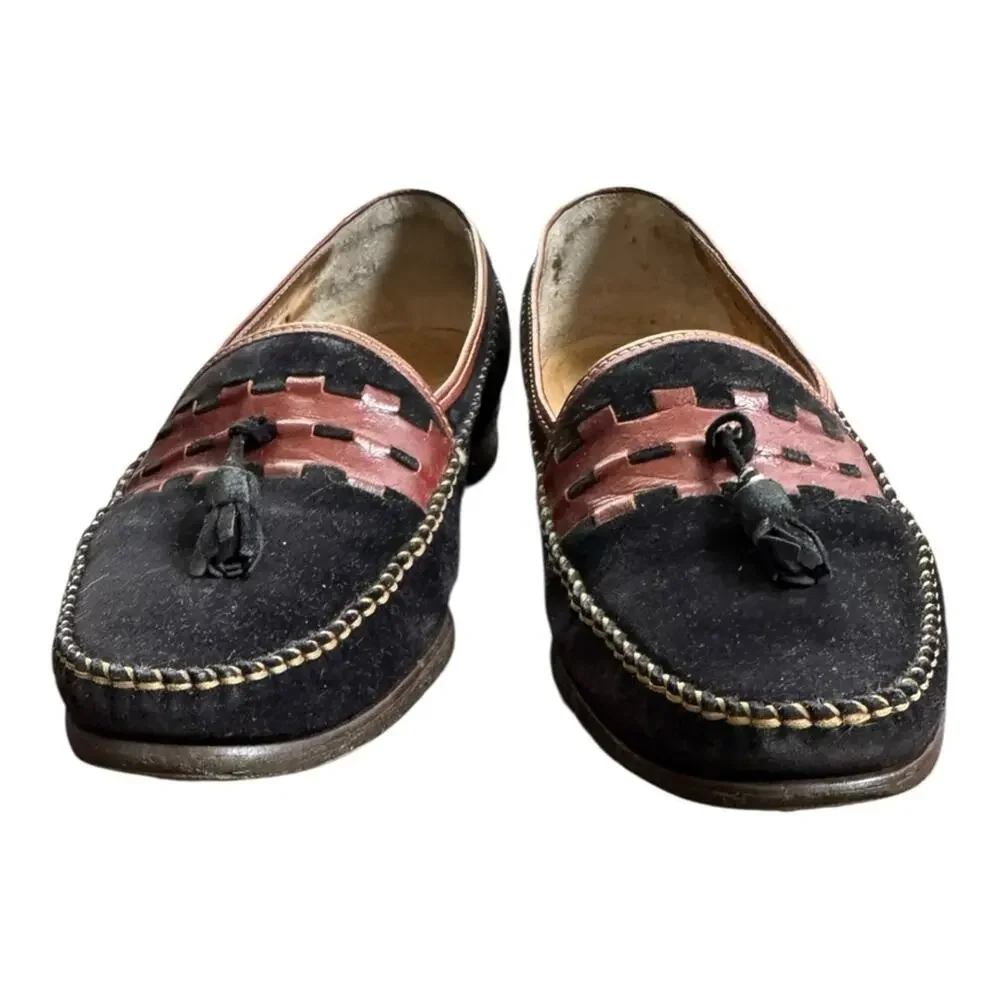 Bally Black and Brown Suede Marcello Made In Italy Leather Tassel Loafer 9